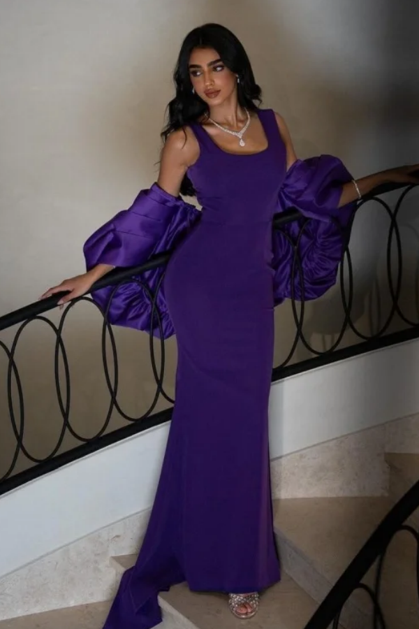 Simple & Casual Sheath Square Neck Straps Sleeveless Floor Length Formal Prom Dresses Dress Dark Purple Satin Ruched Shawl Formal Evening Dress Cocktail Gown