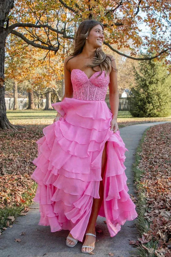 A-Line Strapless Sleeveless Pleated Appliques Chiffon Tiered Floor Length Party Dress Prom Dresses Dress Evening Gown with High Side Slit