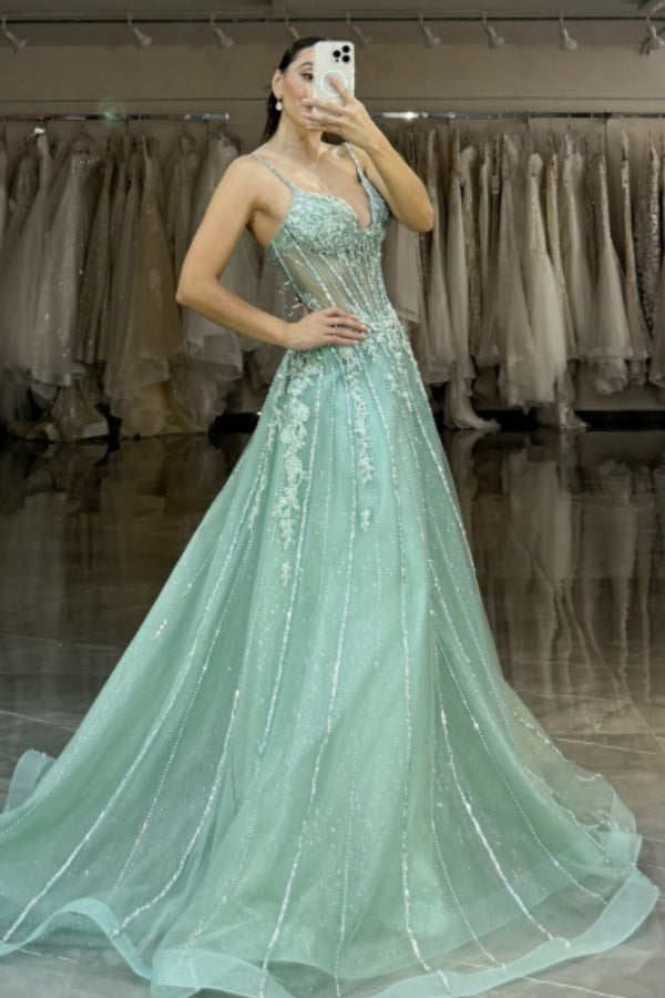 Chic & Modern A-Line Strapless Spaghetti Straps Sleeveless Appliques Beaded Floor Length Prom Dresses Dress Mint Green Tulle Evening Party Dress Cocktail Dress Wedding Guest Gown