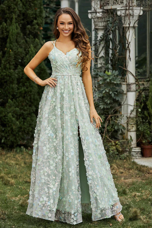 Chic & Modern Mint Green A-Line Strapless Spaghetti Straps Sleeveless Prom Dresses Party Dress 3D Flower Tulle High Side Slit Open Back Evening Dress Wedding Guest Dress