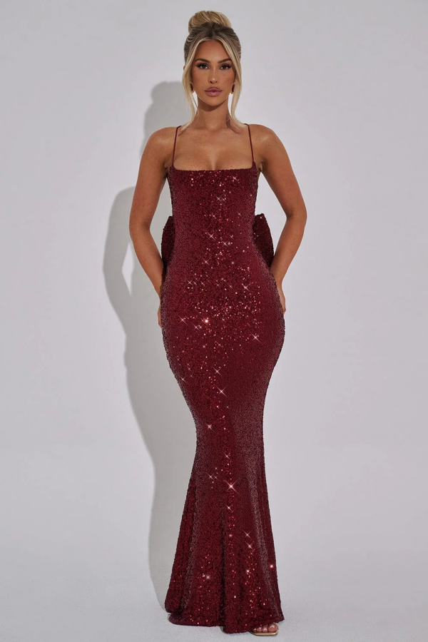 Sexy & Hot Mermaid Square Spaghetti Straps Sleeveless Open Back Floor Length Prom Dresses Dress Fully Sequins Special Occasion Dress Evenng Party Dress with Bow Knot