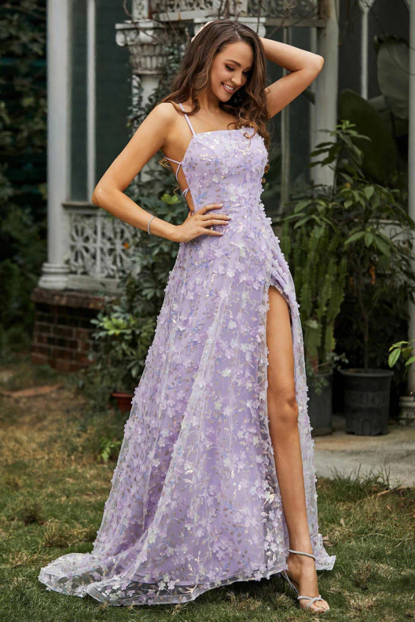 Chic & Sexy Light Purple A-Line Strapless Spaghetti Straps Sleeveless Prom Dresses Party Dress 3D Flower Tulle High Side Slit Open Back Evening Party Dress Cocktail Dress