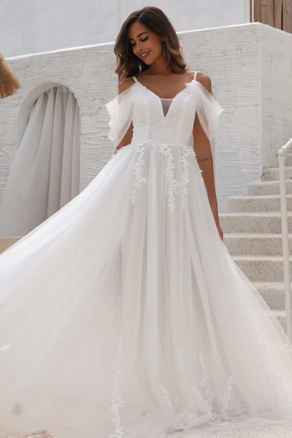 Chic A-Line Off Shoulder Spaghetti Straps Appliques Tulle Wedding Dress Floor Length Lace Up Beach Bride Gown