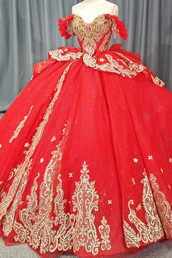 Off Shoulder Sleeveless 3D Flowers Beaded Sequins Gold Appliques Bow Knot Lace Up Sparkly Red Tulle Quinceanera Dress for Sweet 16