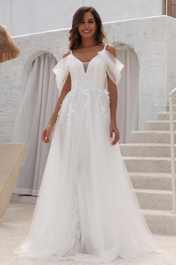 Chic A-Line Off Shoulder Spaghetti Straps Appliques Tulle Wedding Dress Floor Length Lace Up Beach Bride Gown