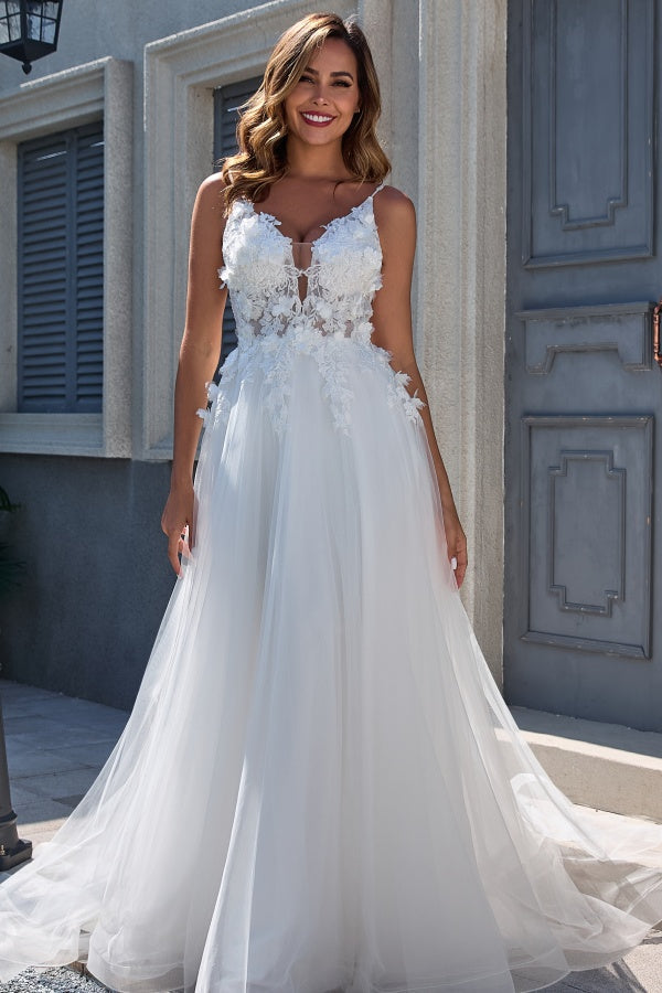 Elegant A-Line V Neck Spaghetti Straps Sleeveless Tulle Wedding Dress Appliques V Back Floor Length Bridal Gown