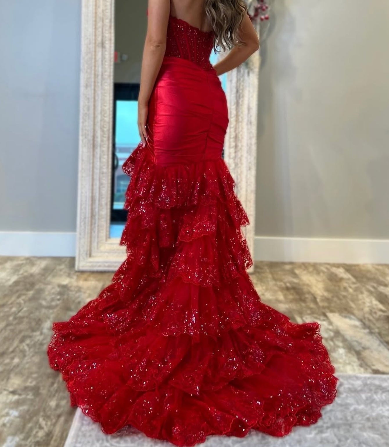 Sparkly Lace Boned Mermaid Prom Dress With Ruffle - Red