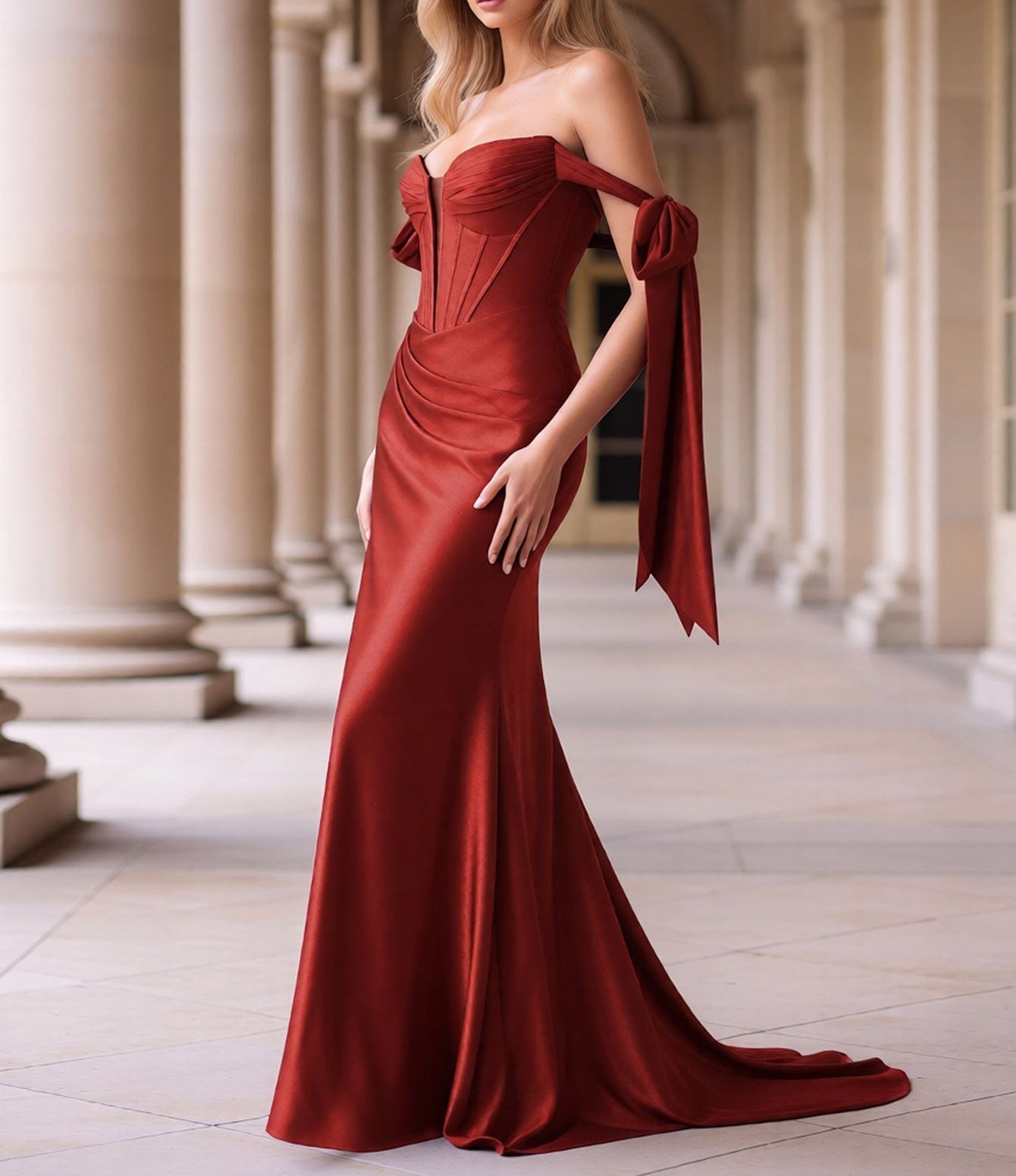 Off Shoulder Lace Up Bow Trumpet Prom Dress - Red