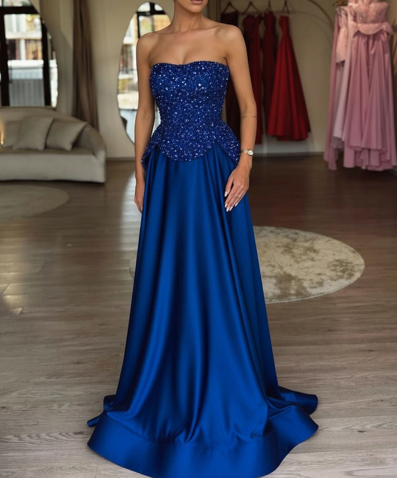 Luxury Two-Piece Sequin Top Satin Skirt Long Prom Dress - Royal Blue