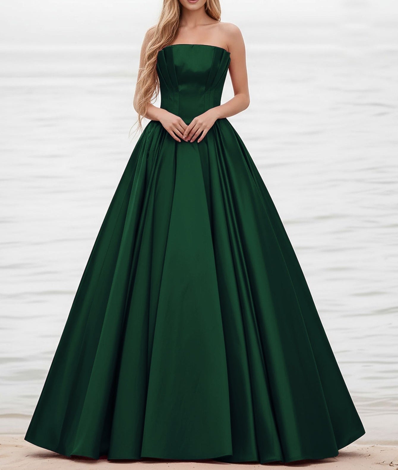 Pleated Bust Ruffle Hem Strapless Satin Prom Ball Gown - Emerald Green