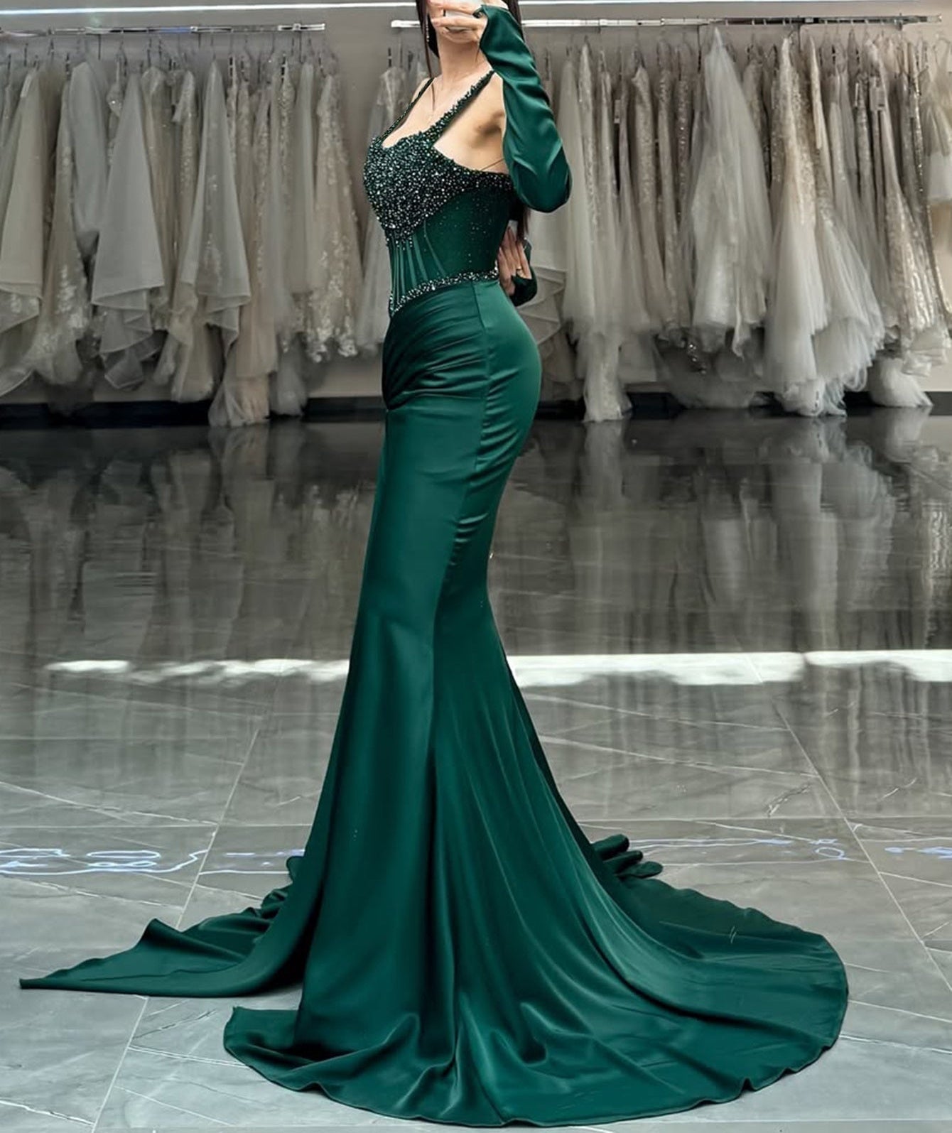 Beading Ruched Bodice Mermaid Prom Dress With Detachable Sleeves - Green