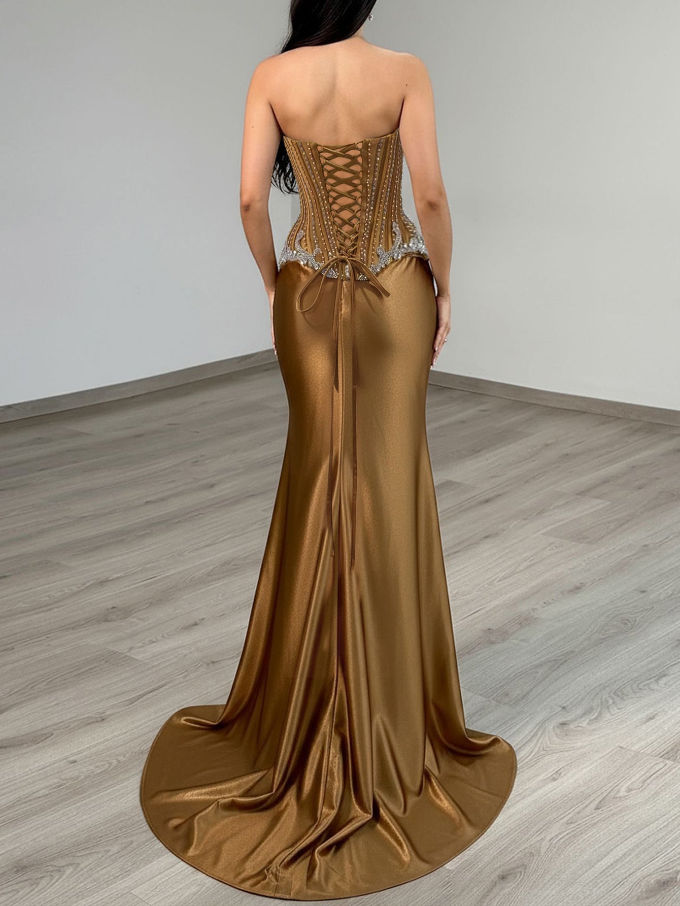 Luxury Crystal Strapless Sheer Bodice Mermaid Evening Dress - Gold
