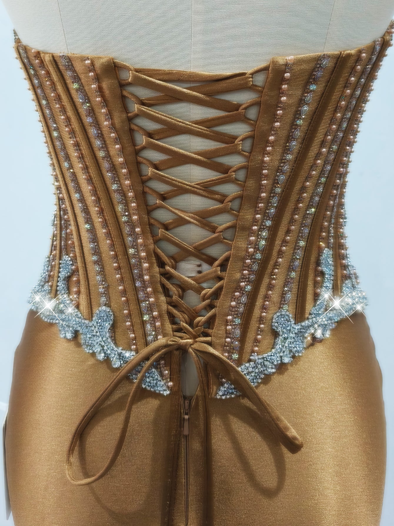 Luxury Crystal Strapless Sheer Bodice Mermaid Evening Dress - Gold