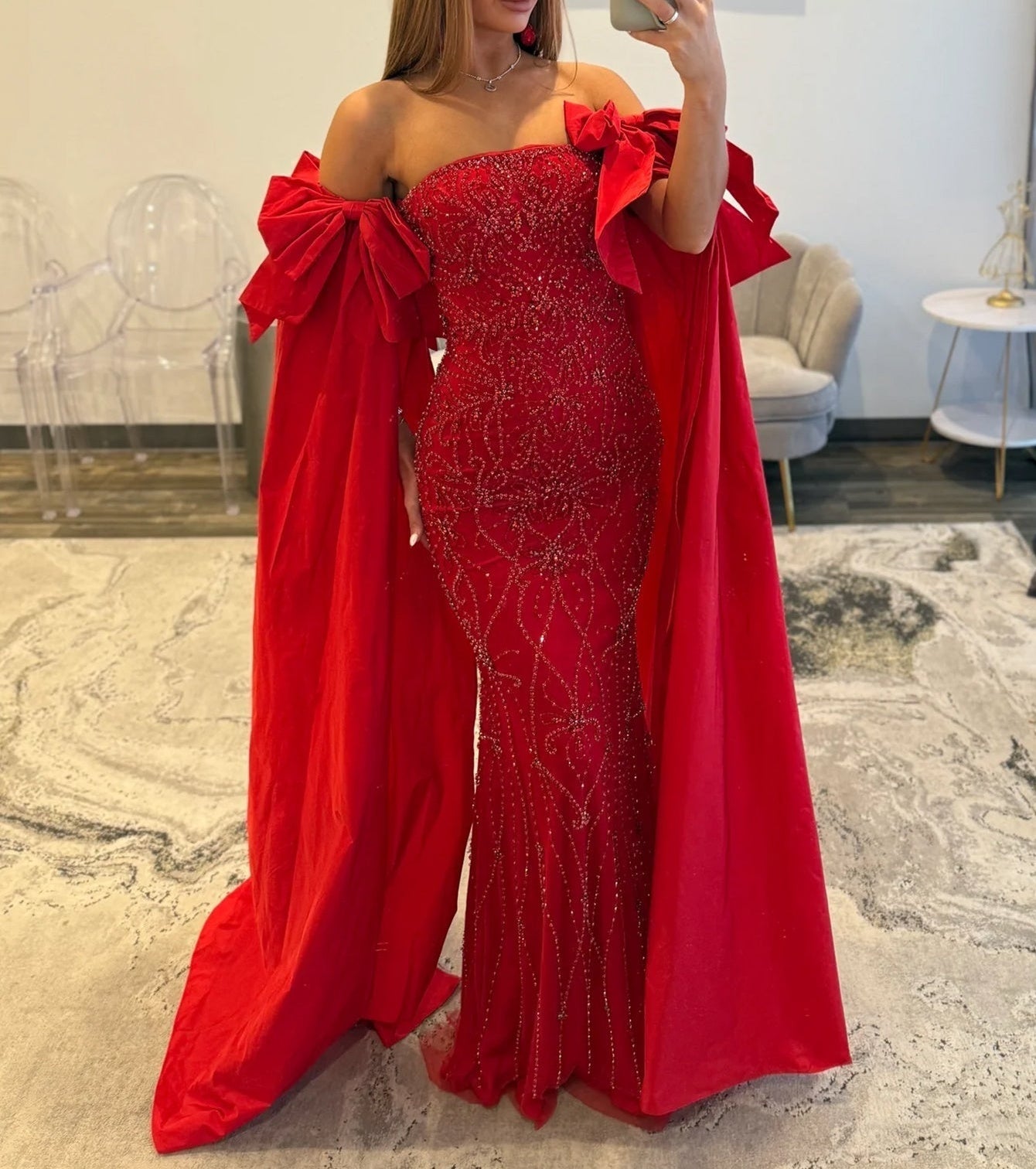 Luxury Removable Sleeves Crystal Mermaid Long Prom Dress - Red