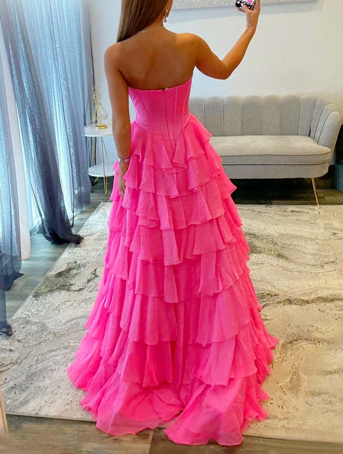 Lace Embroidery Boned Layered Ball Gown Prom Dress - Hot Pink