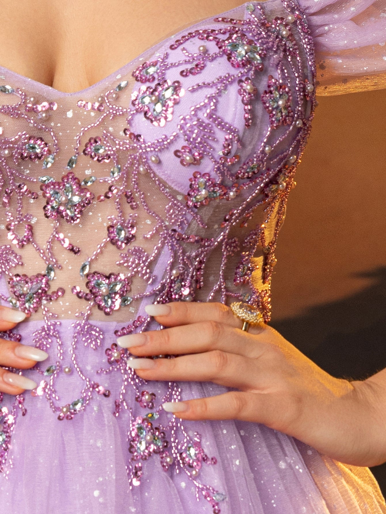 Off Shoulder Sparkly Lace Embroidery Layered Ball Gown Prom Dress - Lilac