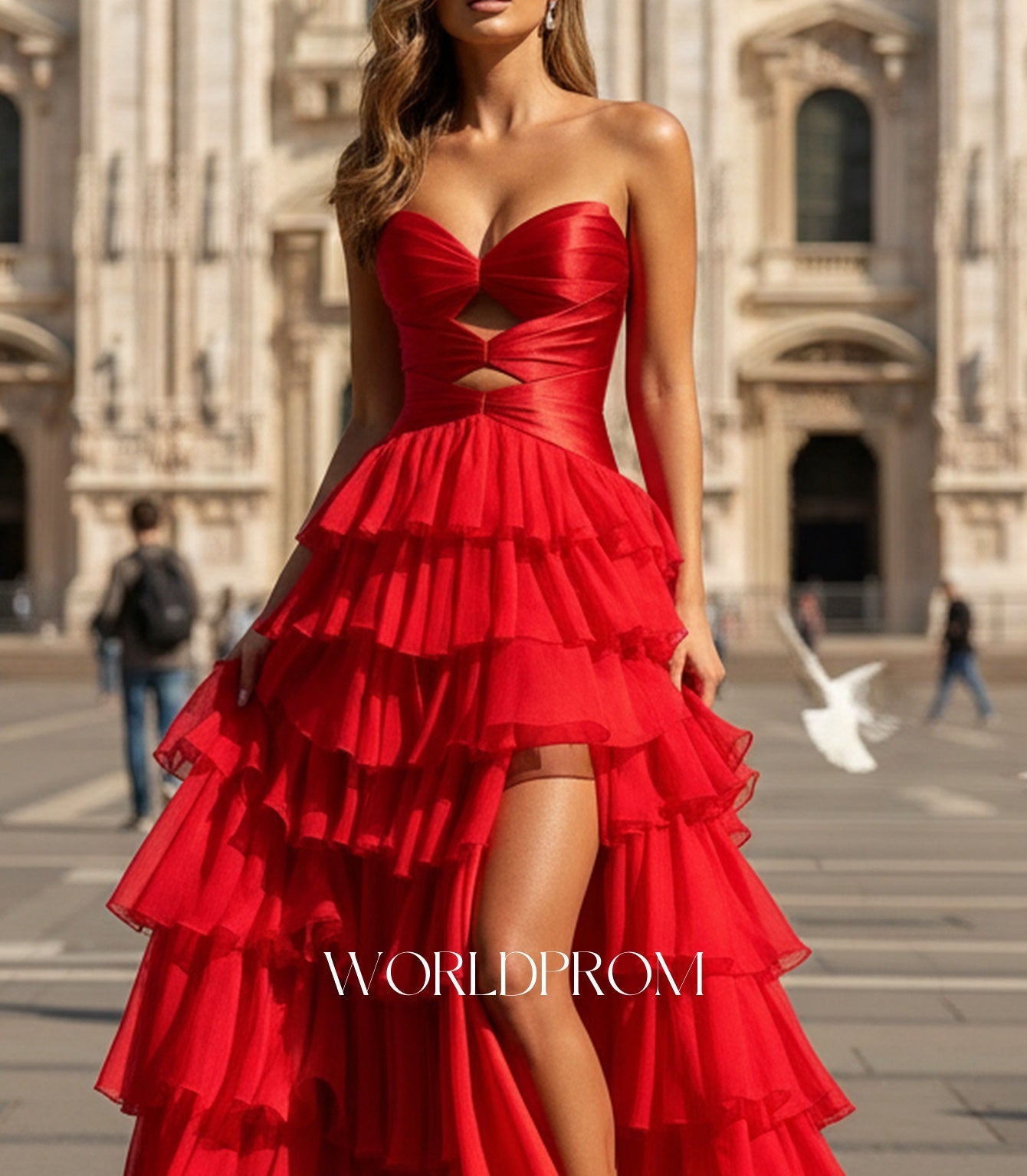 Cut Front Pleated Layered Ruffle Hem Long Prom Dress With Slit - Red