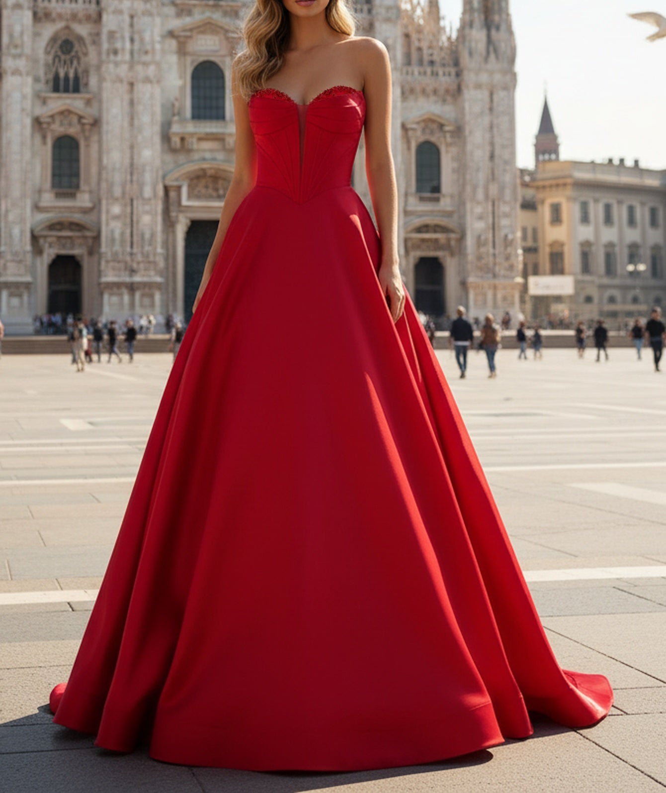 Sparkly Beading Deep V-Neck Illusion Ball Gown Long Prom Dress - Red