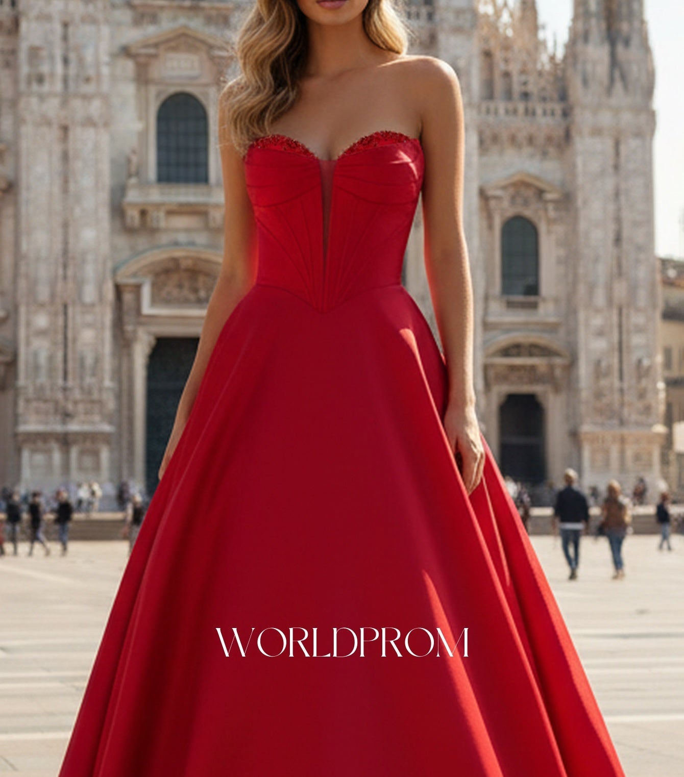Sparkly Beading Deep V-Neck Illusion Ball Gown Long Prom Dress - Red