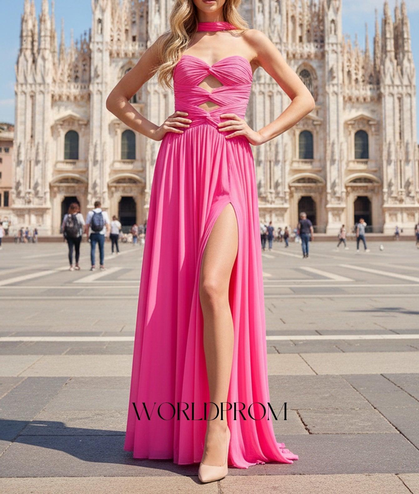 Cut Front Pleated A-Line Lace Up Long Prom Dress With Shawl - Hot Pink
