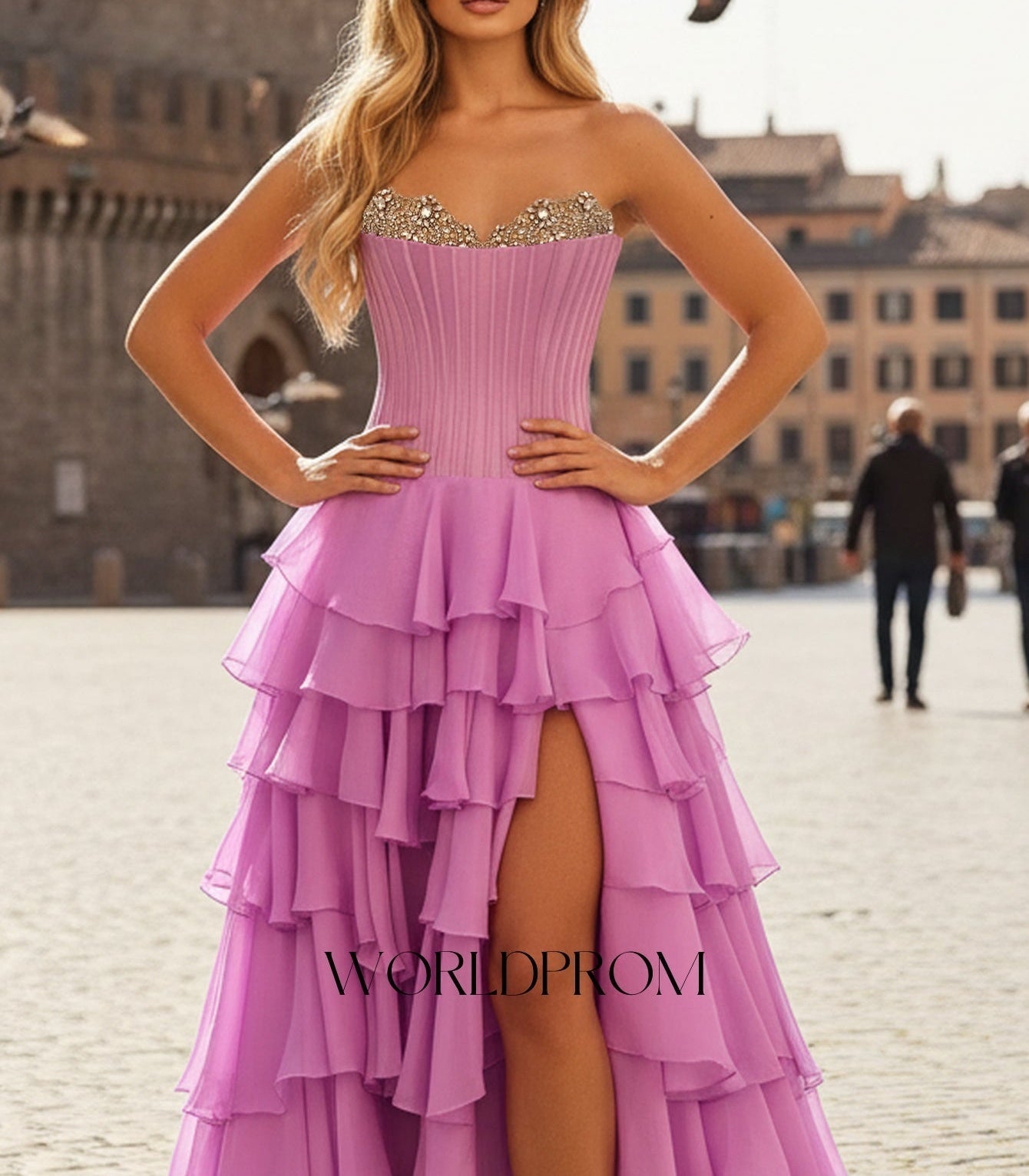 Sparkly Beading Bodice Layered Ruffle Hem Long Prom Dress With Slit - Lilac