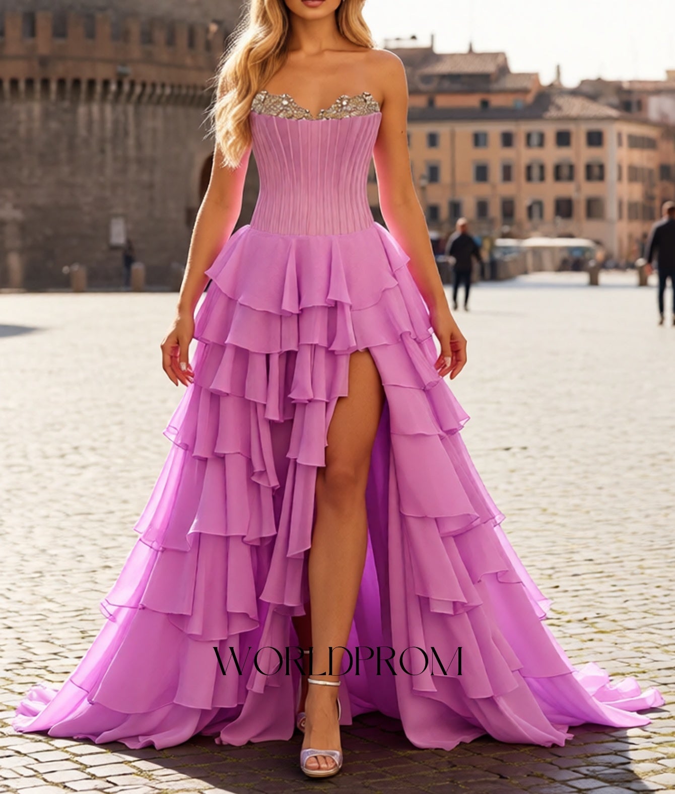 Sparkly Beading Bodice Layered Ruffle Hem Long Prom Dress With Slit - Lilac