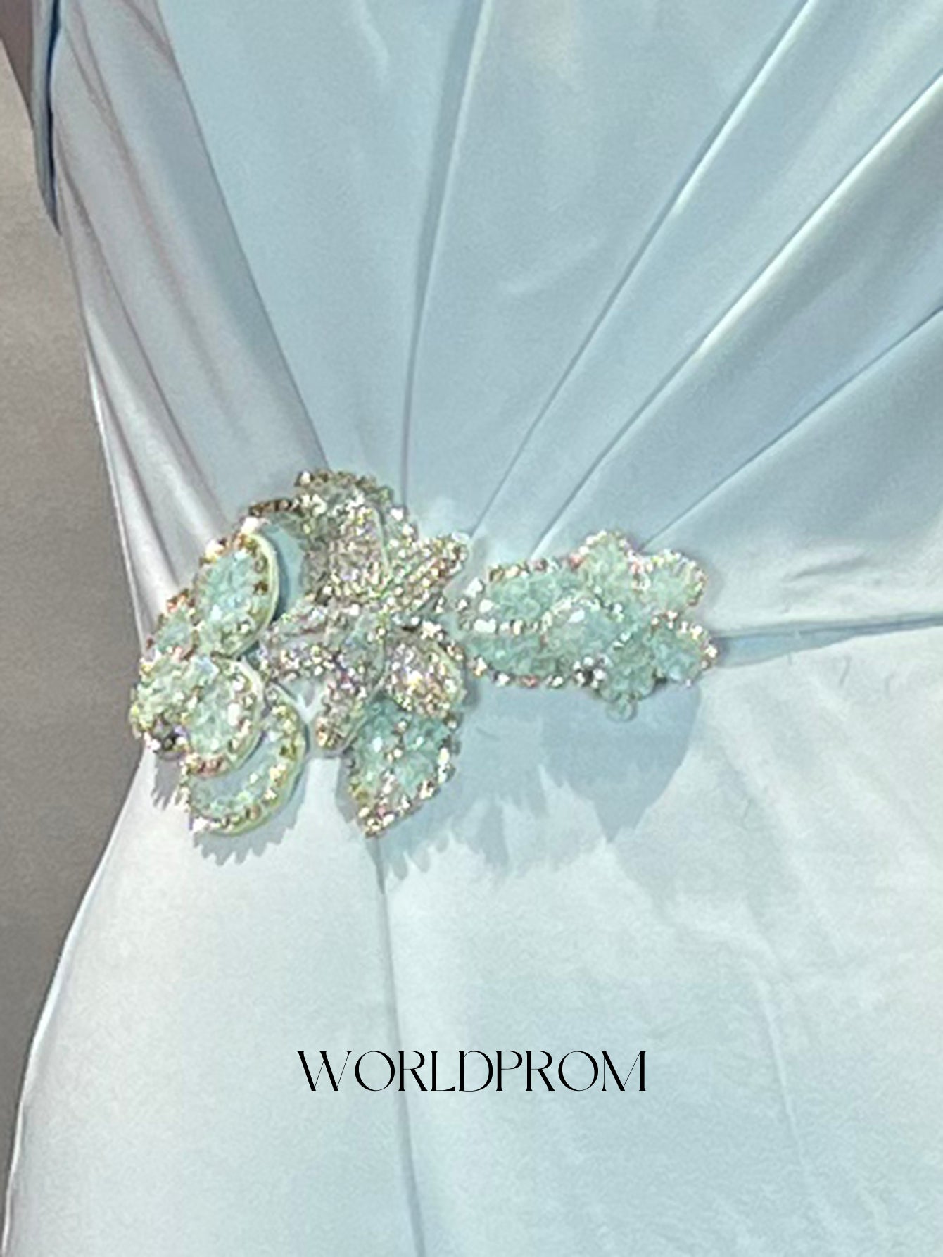 Sparkly Beading Pleated Lace Up Mermaid Long Prom Dress With Slit - Sky Blue