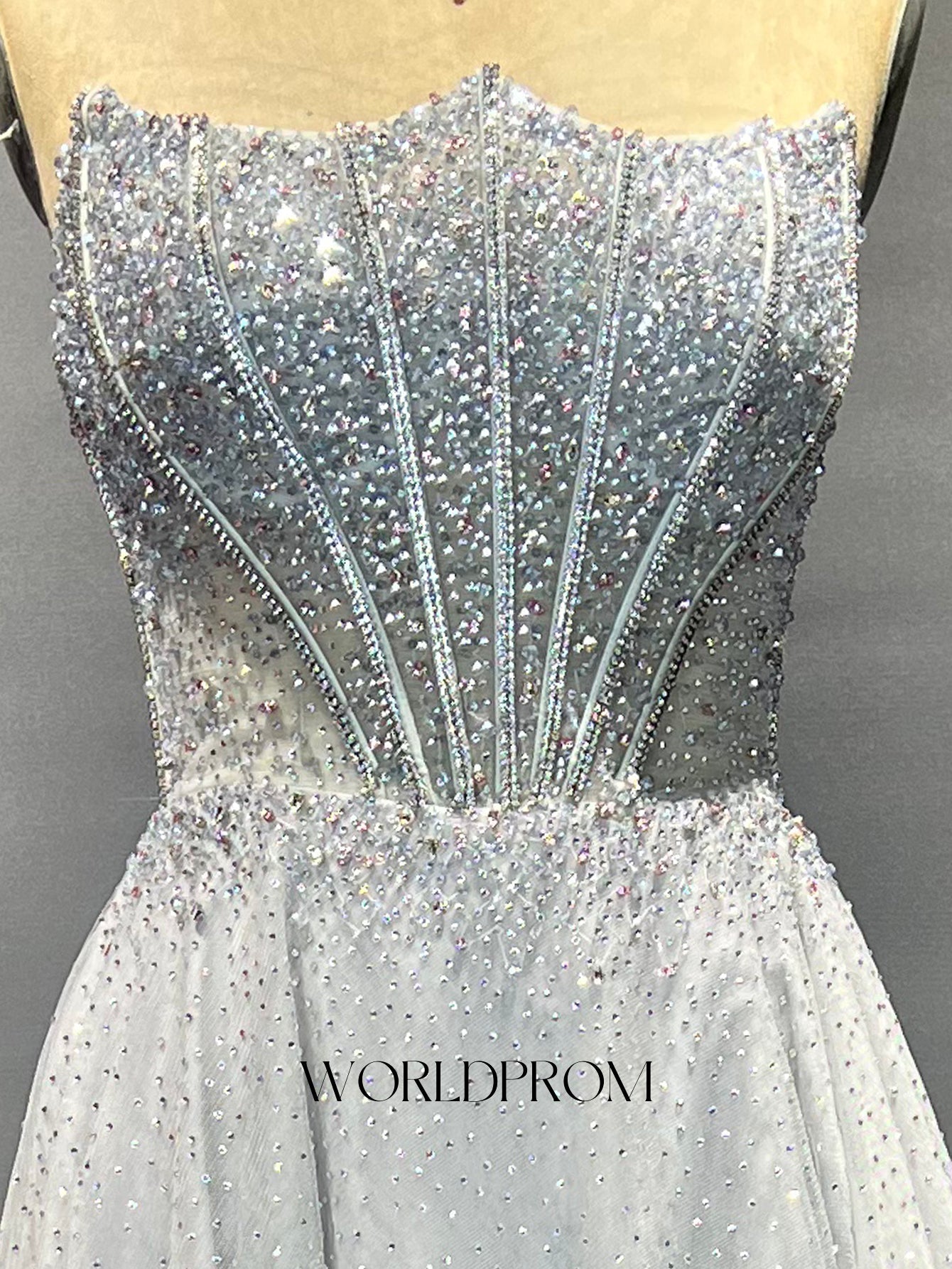 Hot Fix Crystal Bodice Pleated A-Line Long Prom Dress With Shawl - Light Grey