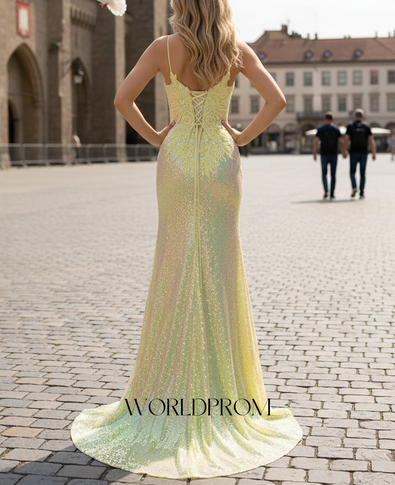 Deep V-Neck Sparkly Beading Lace Floral Illusion Mermaid Long Prom Dress - Goose Yellow