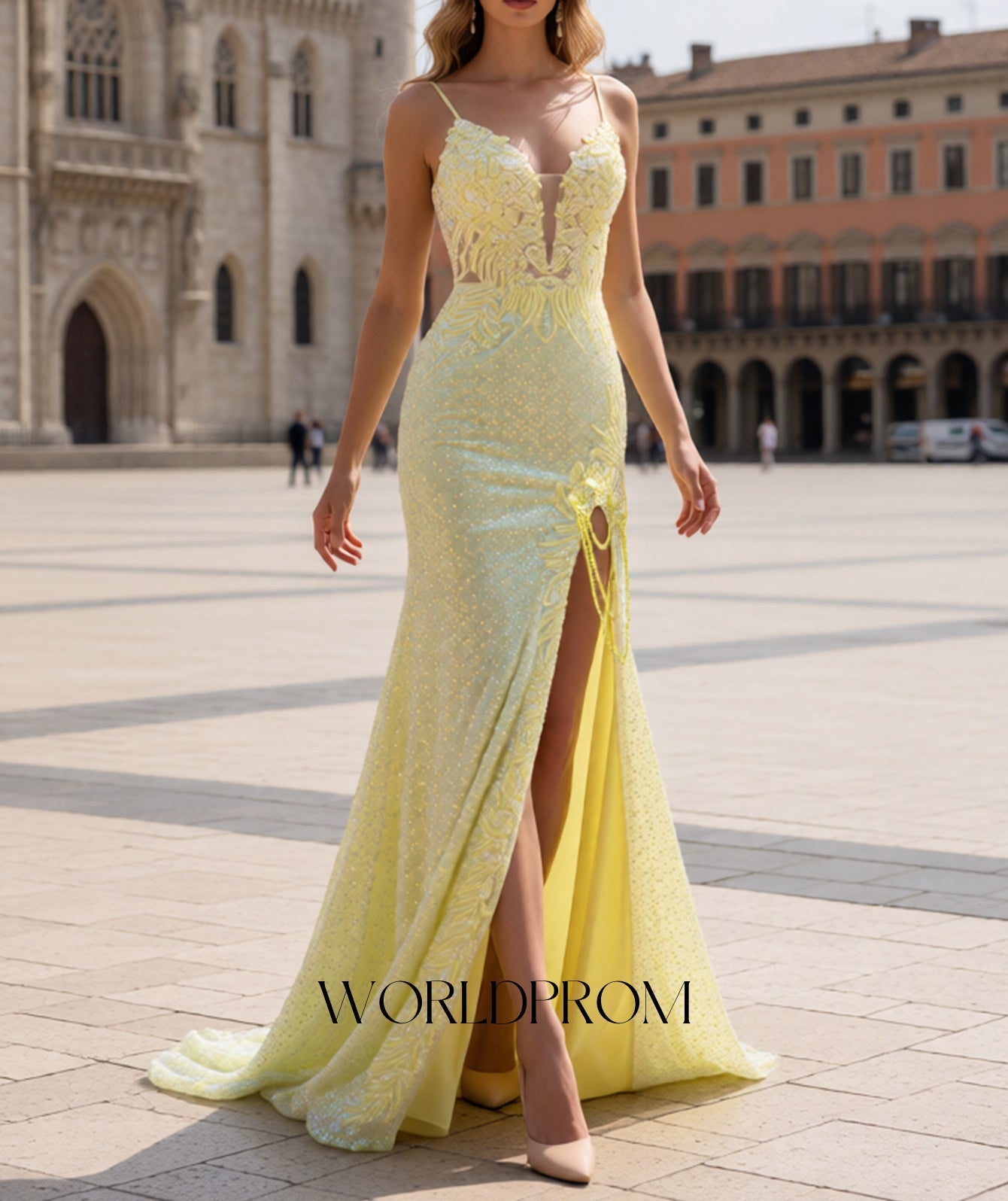 Deep V-Neck Sparkly Beading Lace Floral Illusion Mermaid Long Prom Dress - Goose Yellow