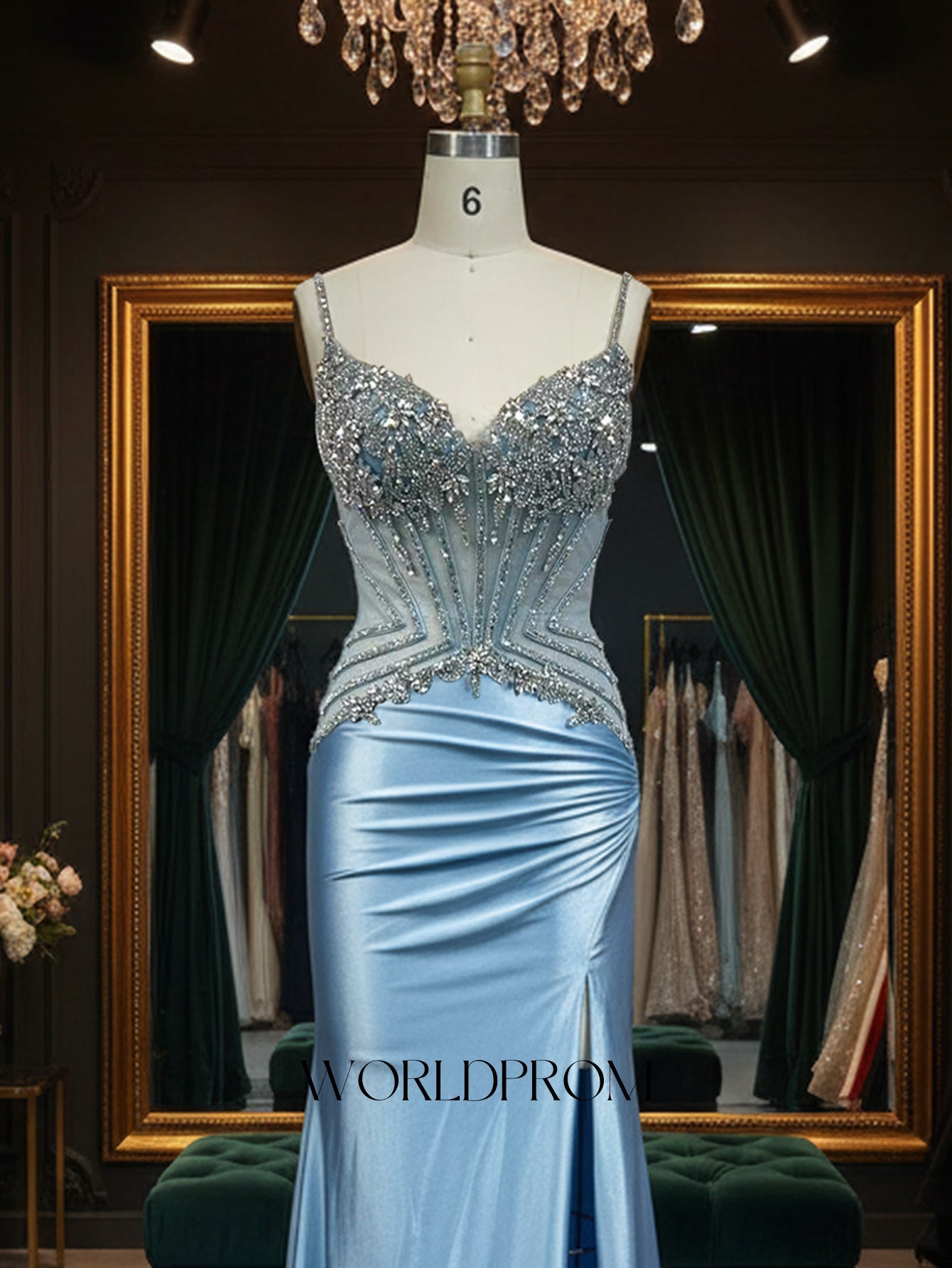 Sparkly Beading Spaghetti Shoulder Straps Illusion Backless Mermaid Long Prom Dress - Sky Blue