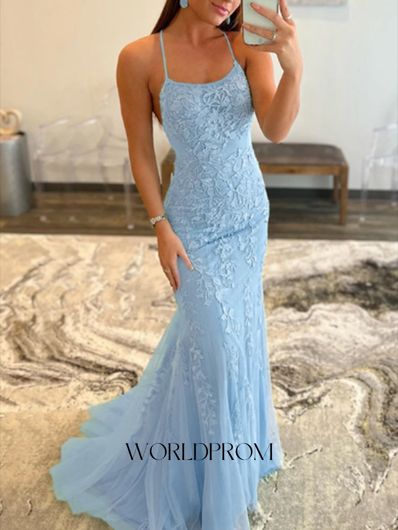 Spaghetti Shoulder Straps Lace Floral Mermaid Backless Long Prom Dress - Sky Blue