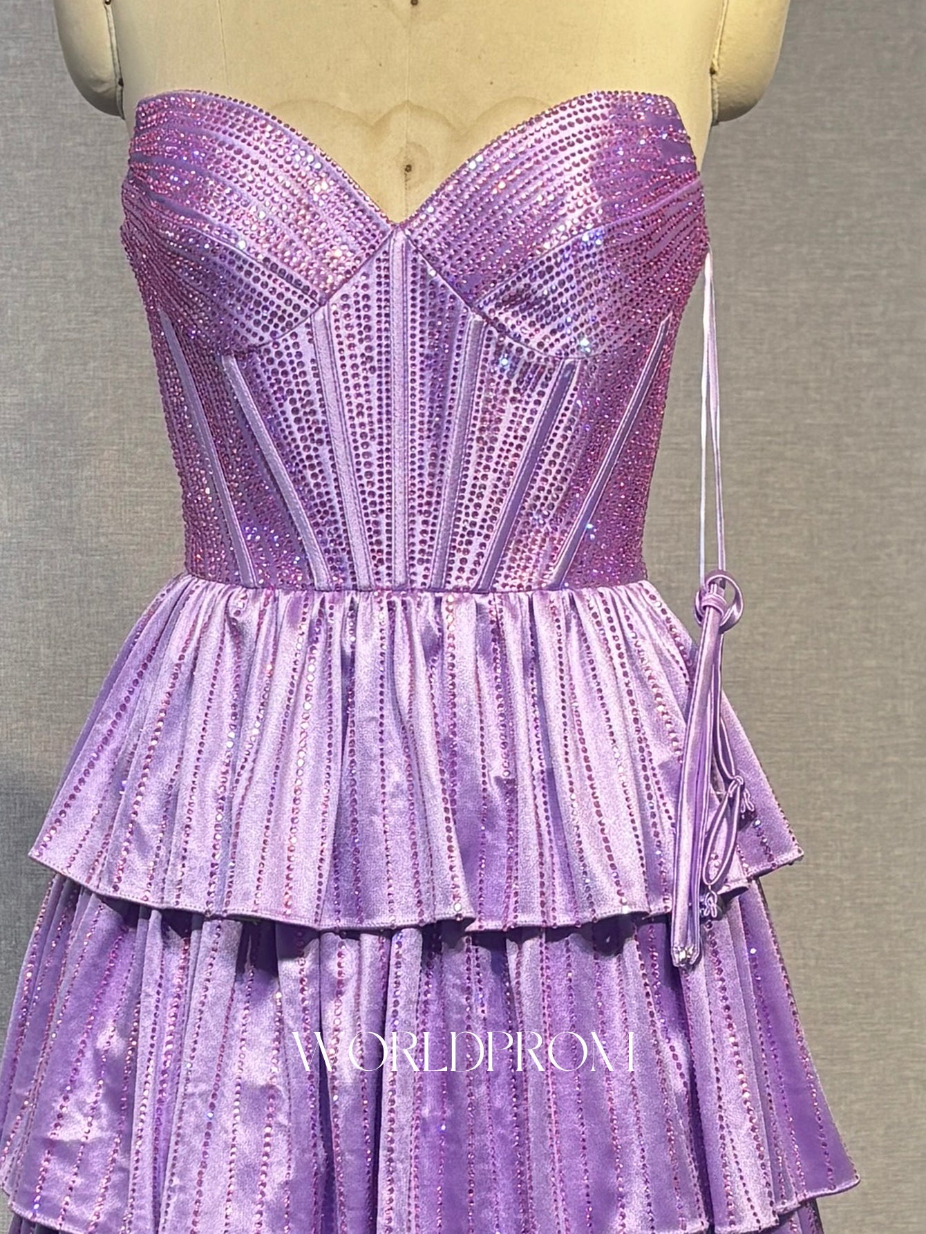 Hot Fix Crystal Pleated Layered Ruffle Hem Long Ball Gown Prom Dress With Slit - Purple