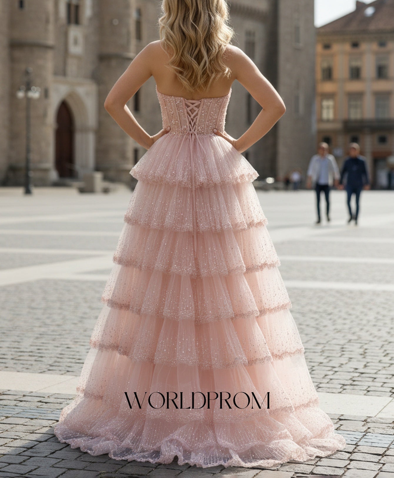 Sweetheart Sparkly Beading Illusion Layered Ruffle Hem Long Prom Dress With Slit - Light Pink
