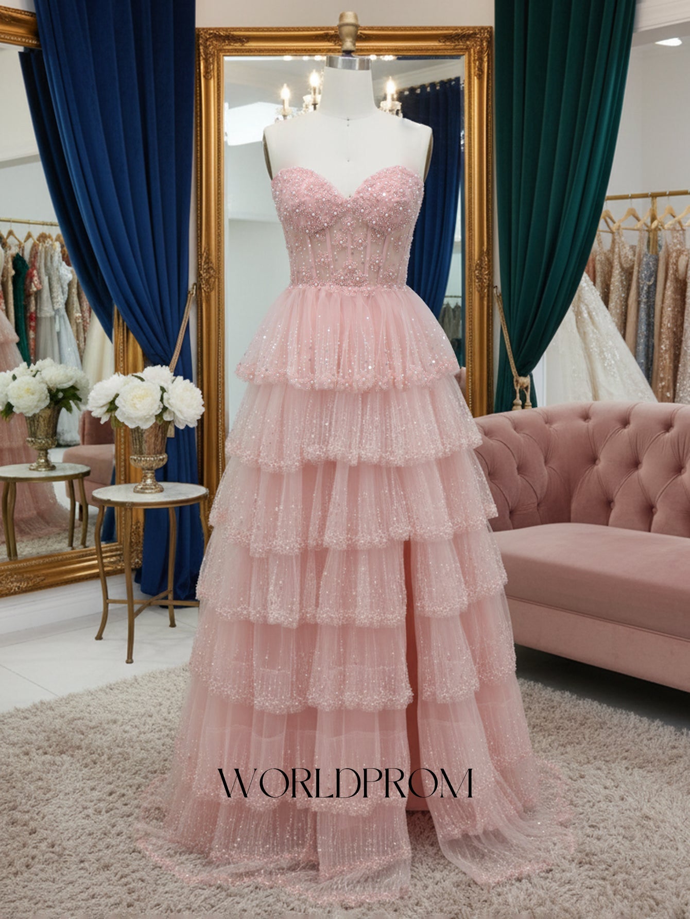 Sweetheart Sparkly Beading Illusion Layered Ruffle Hem Long Prom Dress With Slit - Light Pink