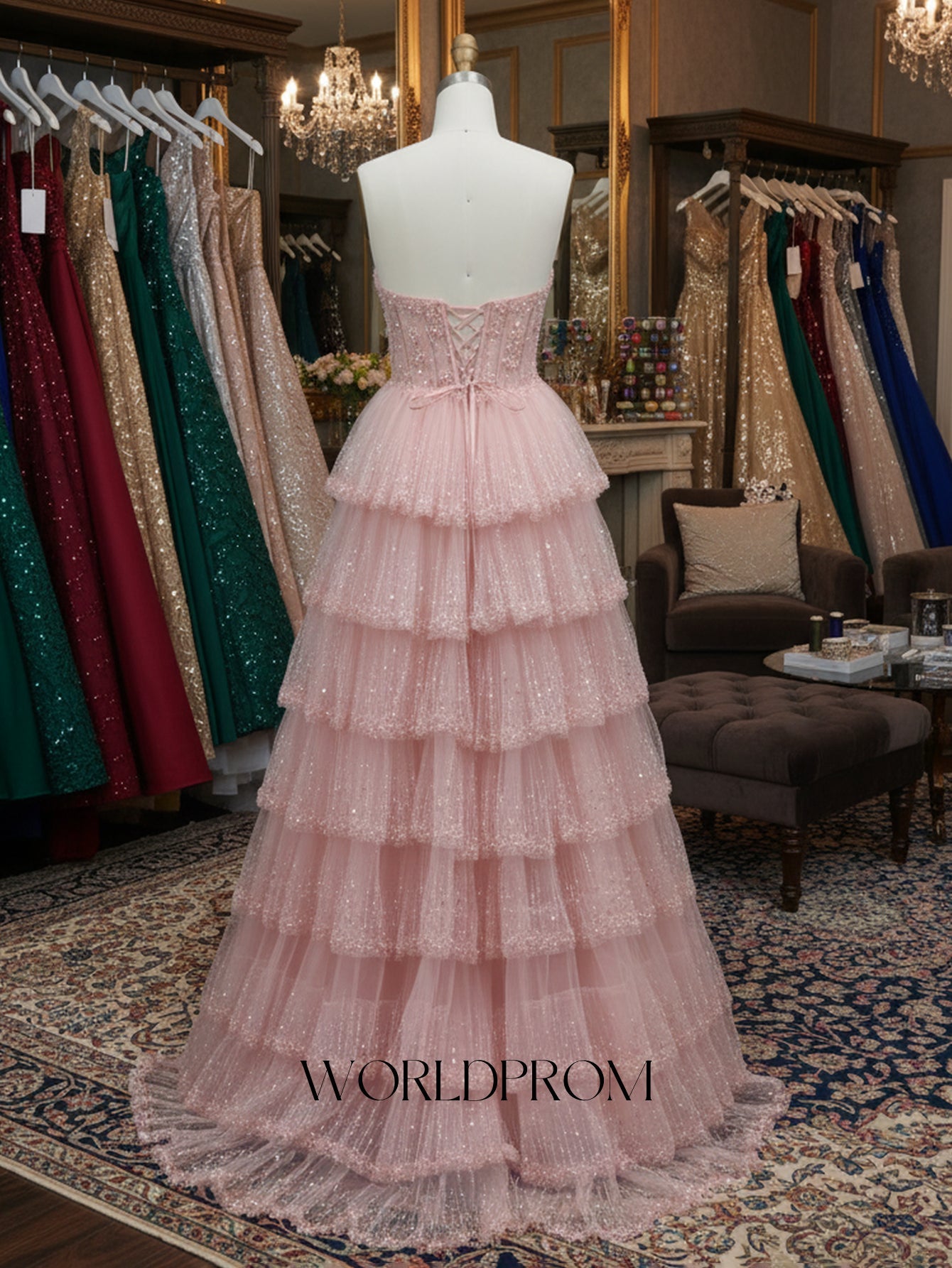 Sweetheart Sparkly Beading Illusion Layered Ruffle Hem Long Prom Dress With Slit - Light Pink