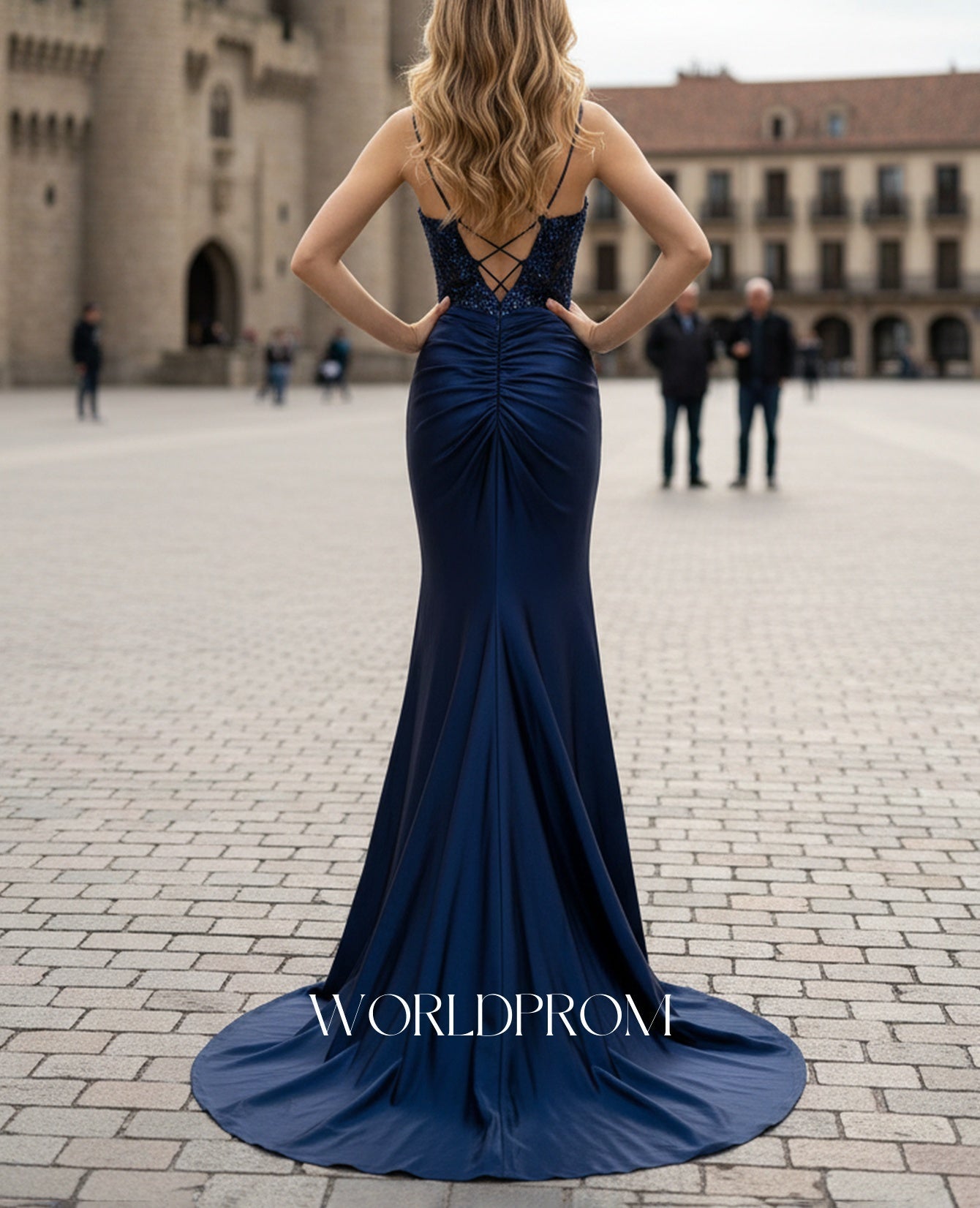 Sparkly Beading Spaghetti Shoulder Straps Twist Bodice Mermaid Long Prom Dress With Slit -  Navy Blue