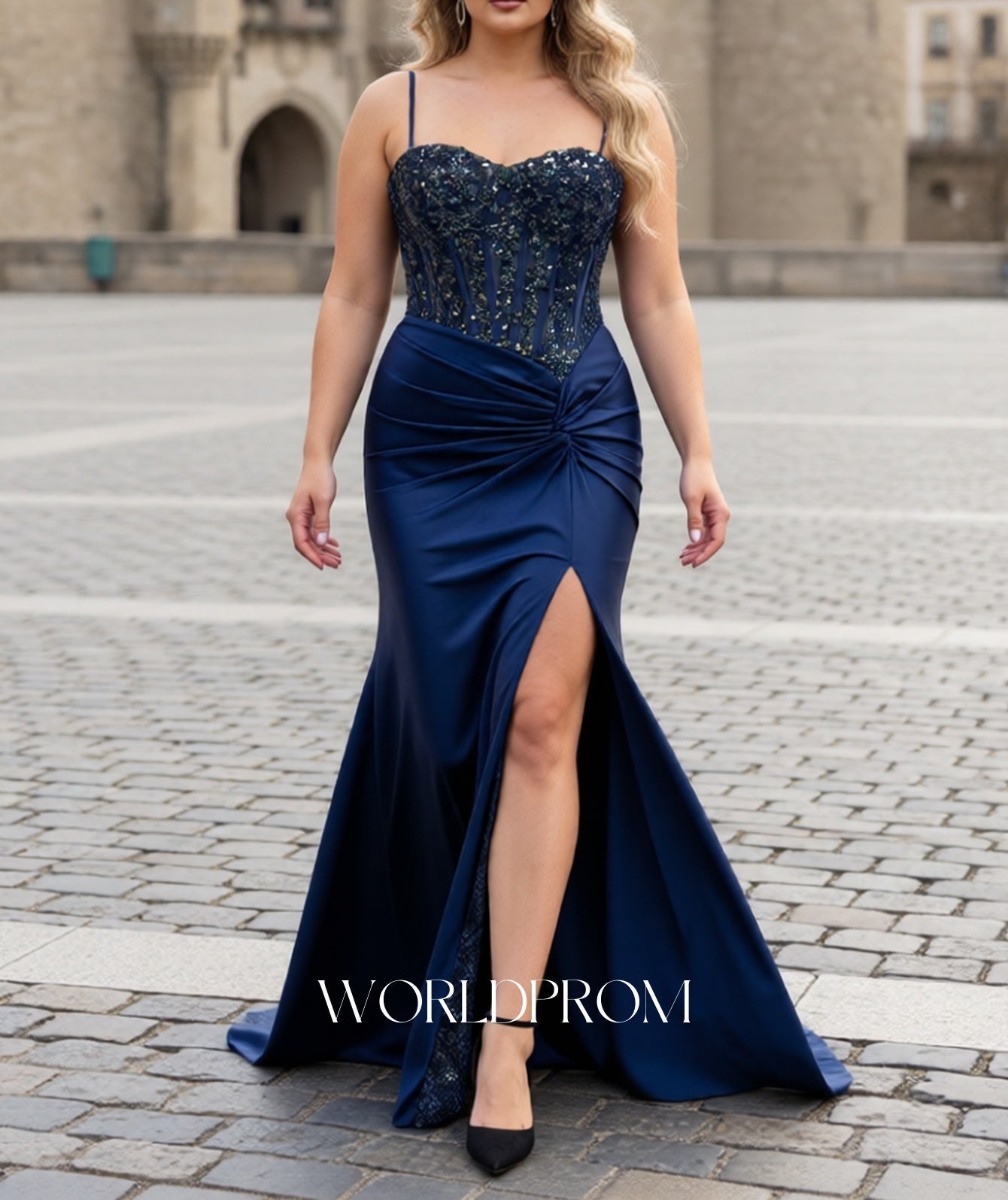 Sparkly Beading Spaghetti Shoulder Straps Twist Bodice Mermaid Long Prom Dress With Slit -  Navy Blue