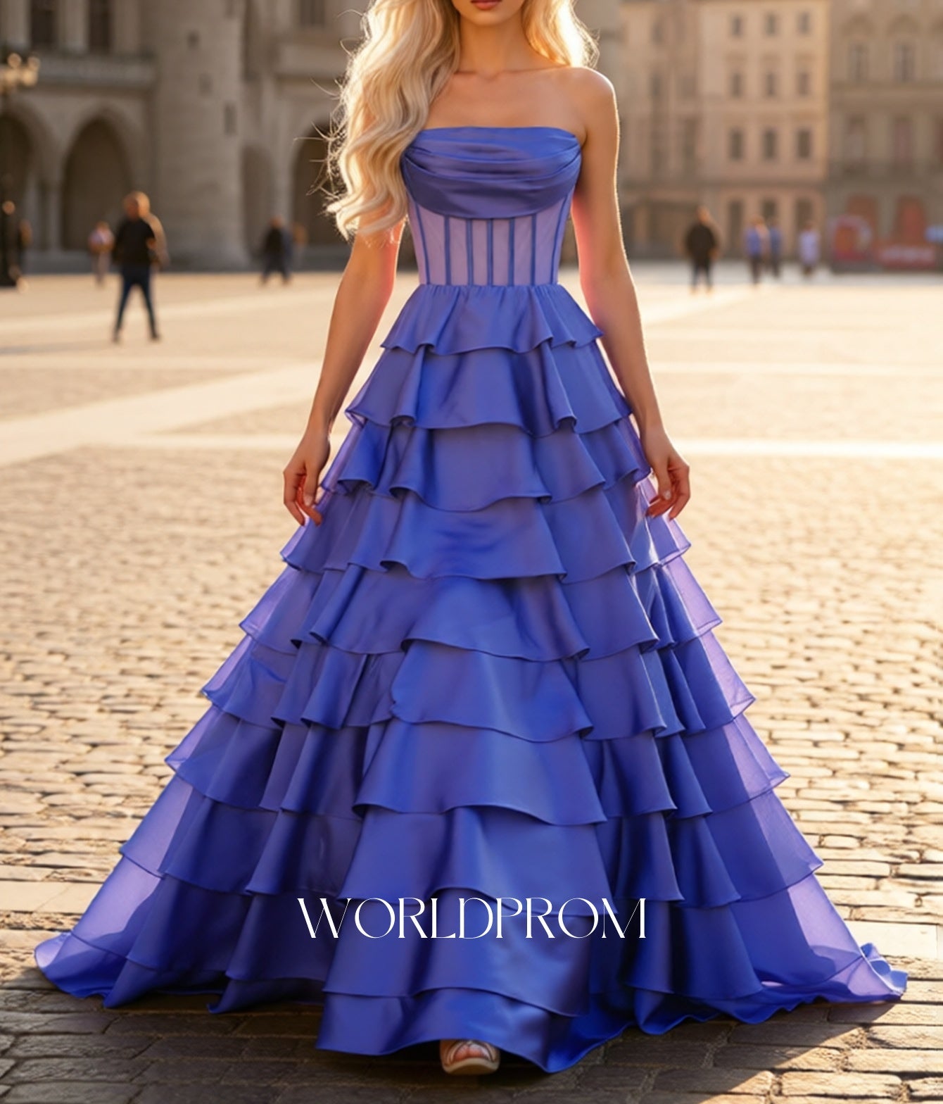 Ruched Bust Illusion Bodice Layered Ruffle Hem Long Ball Gown Prom Dress - Purple