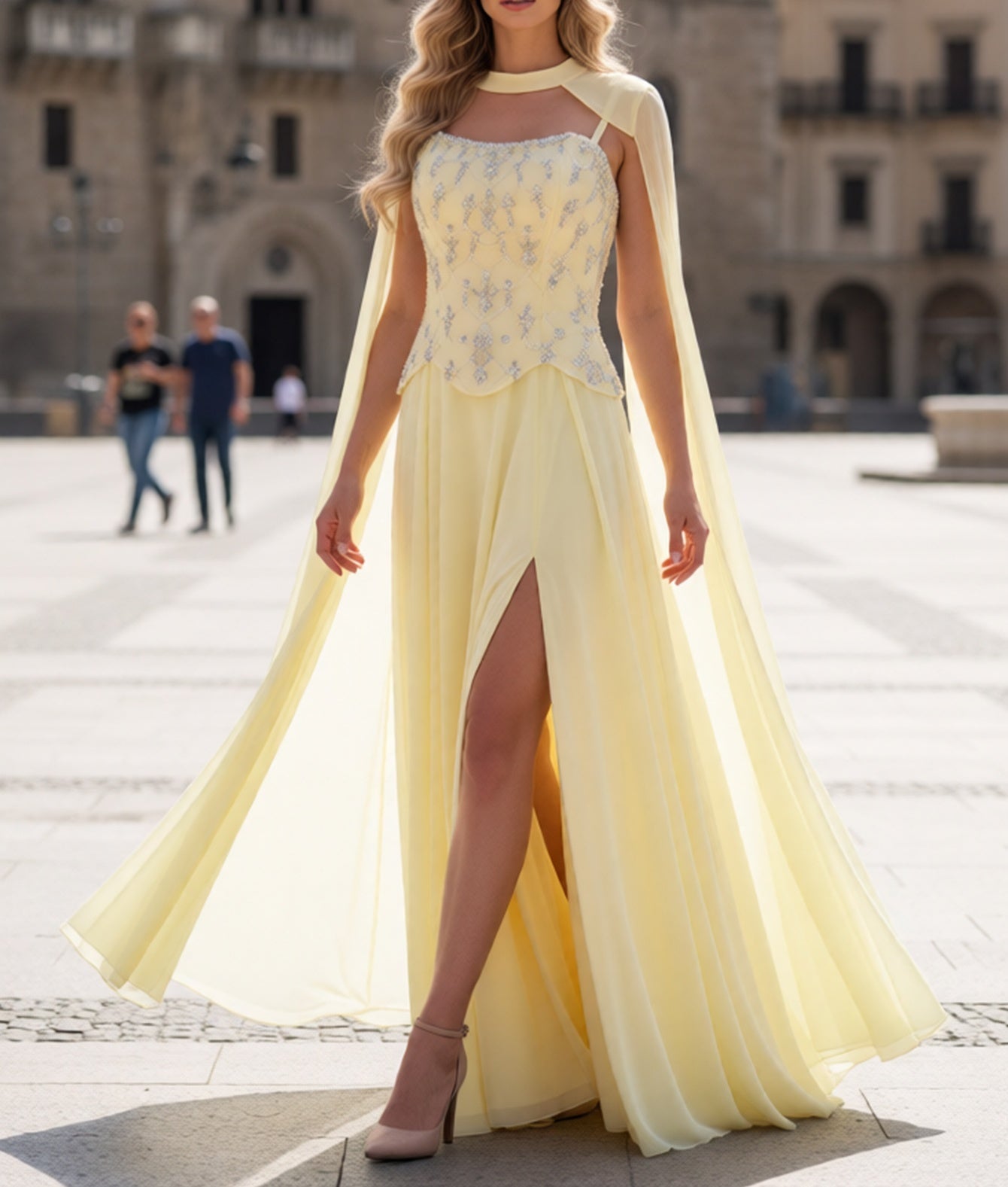 Shawl Sparkly Beading Spaghetti Shoulder Straps A-Line Long Prom Dress With Slit  - Goose Yellow