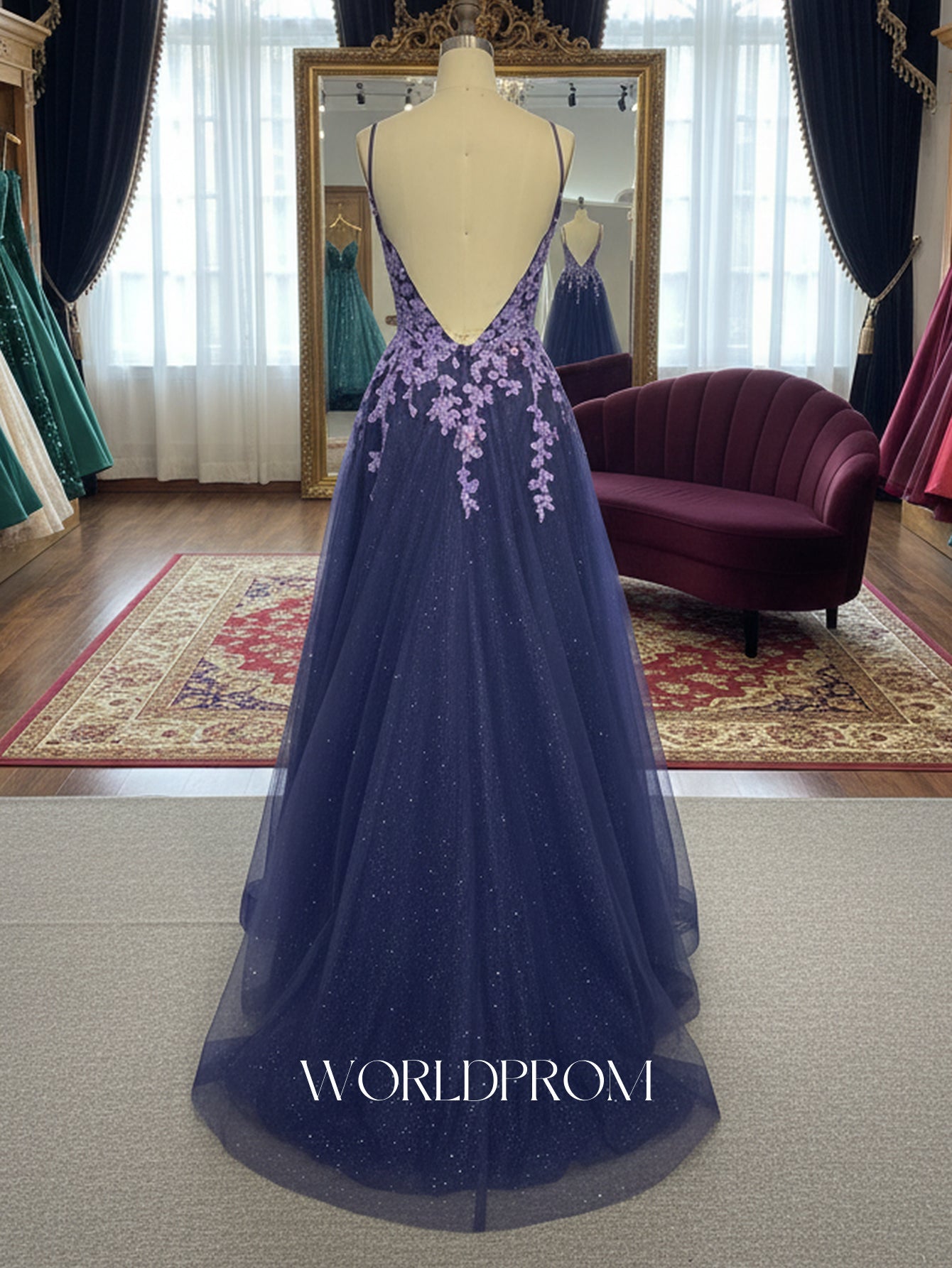 Sparkly Beading Floral Illusion Spaghetti Shoulder Straps A-Line Long Prom Dress - Grape