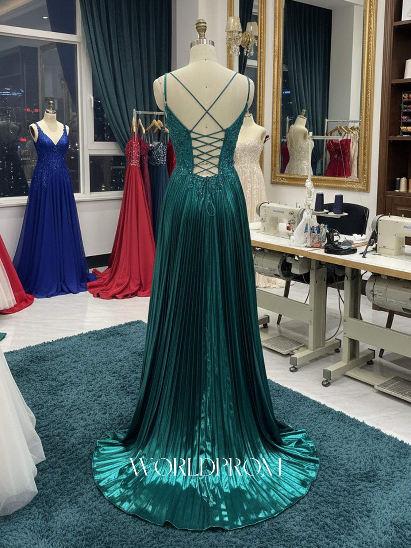Sparkly Beading Deep V-Neck Sequin Satin A-Line Long Prom Dress - Emerald Green