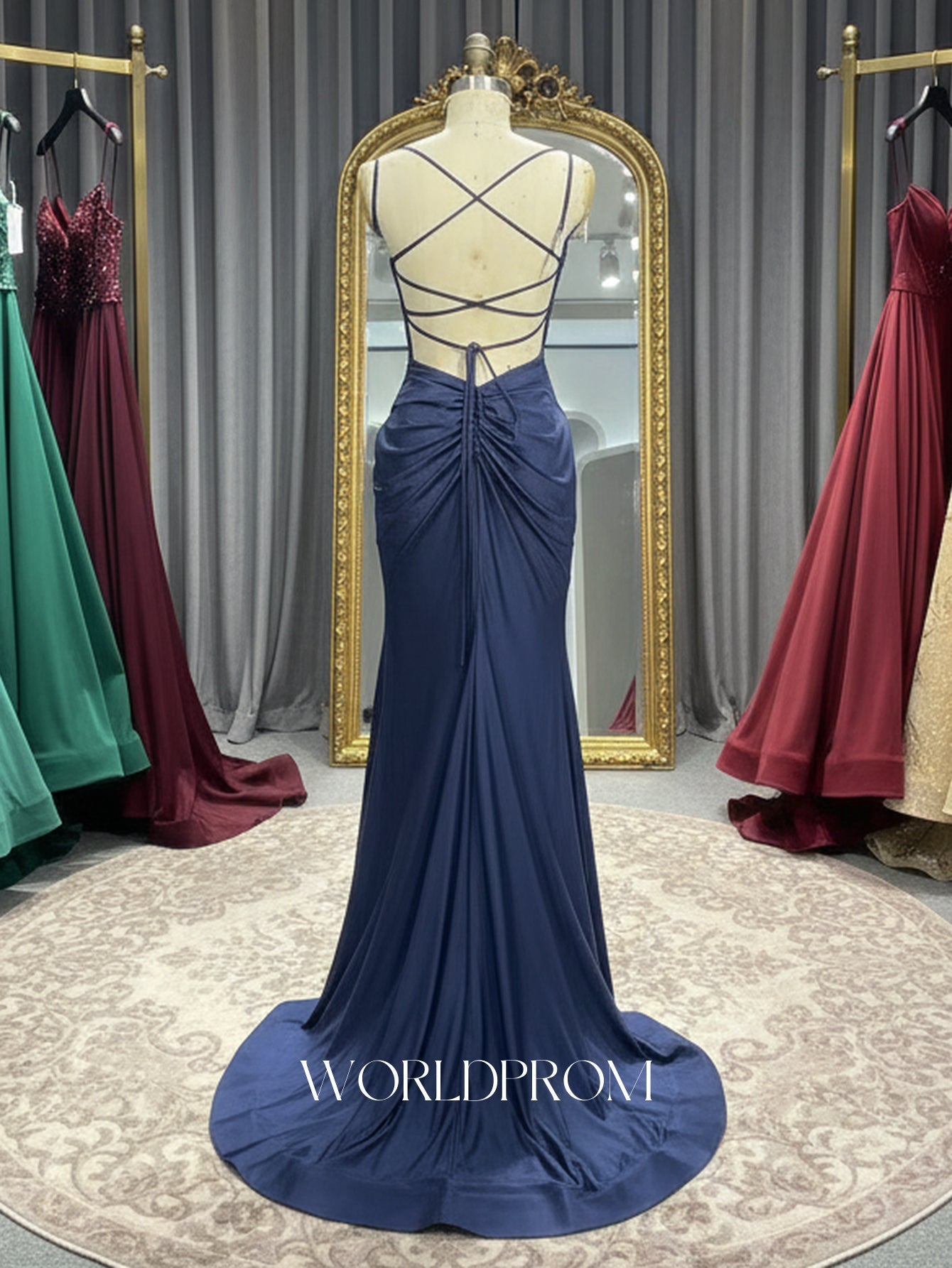 Hot Fix Crystal Ruched Bust Spaghetti Shoulder Straps Mermaid Long Prom Dress With Slit - Royal Blue