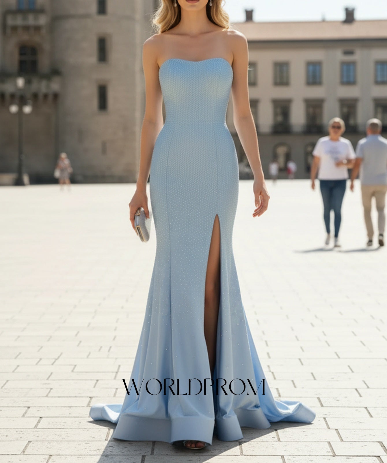 Hot Fix Crystal Corset Backless Mermaid Long Prom Dress With Slit - Sky Blue