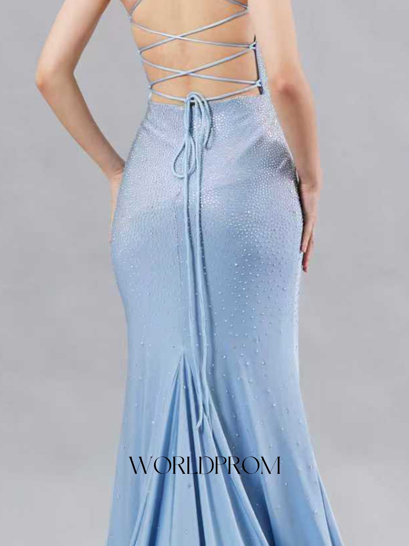 Luxury Deep V-Neck Hot Fix Crystal Mermaid Long Prom Dress - Sky Blue