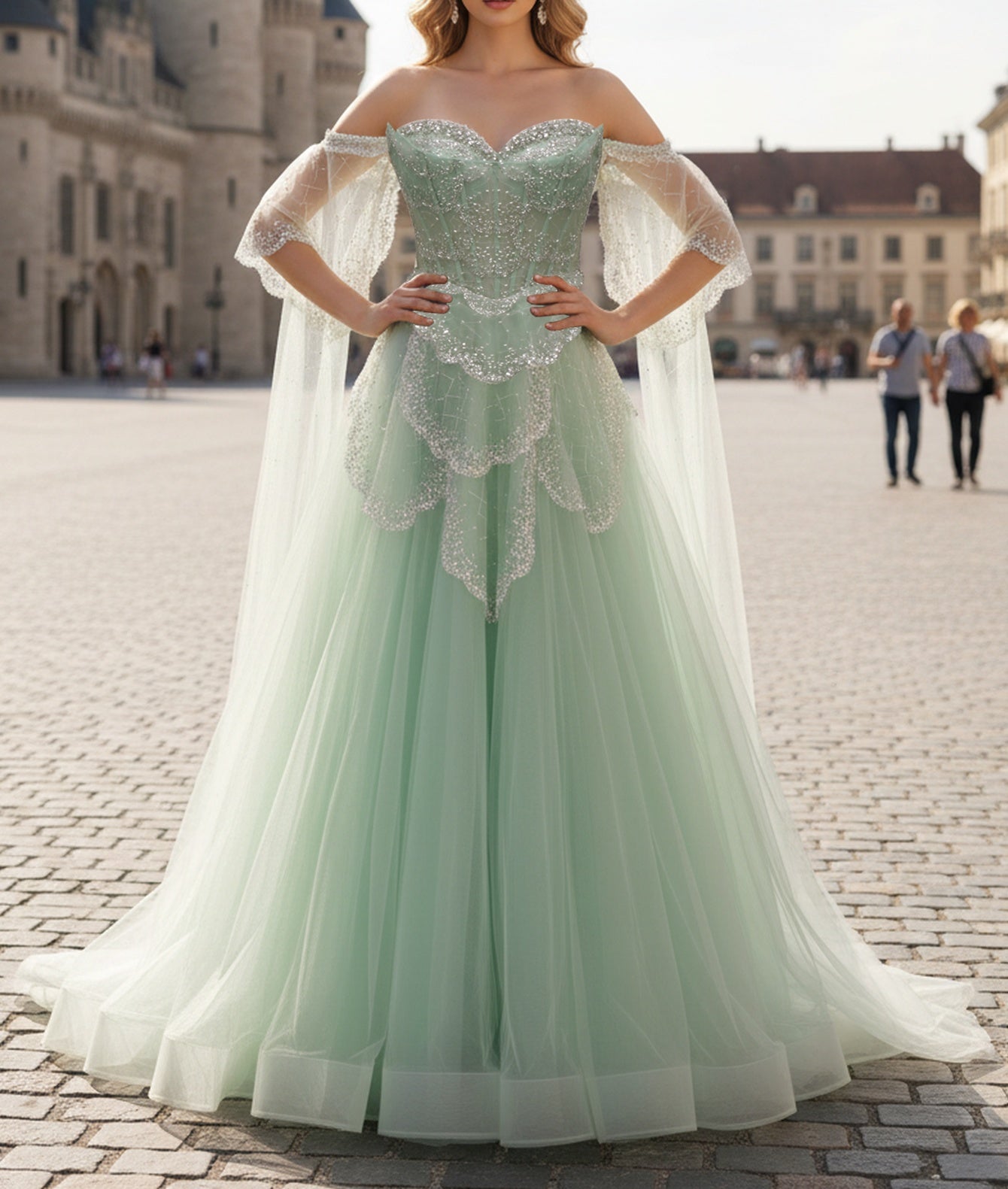 Sparkly Beading Off Shoulder Corset Ball Gown Long Prom Dress With Shawl - Mint Green