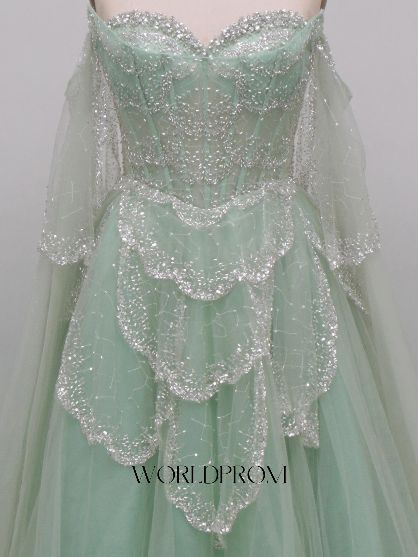 Sparkly Beading Off Shoulder Corset Ball Gown Long Prom Dress With Shawl - Mint Green