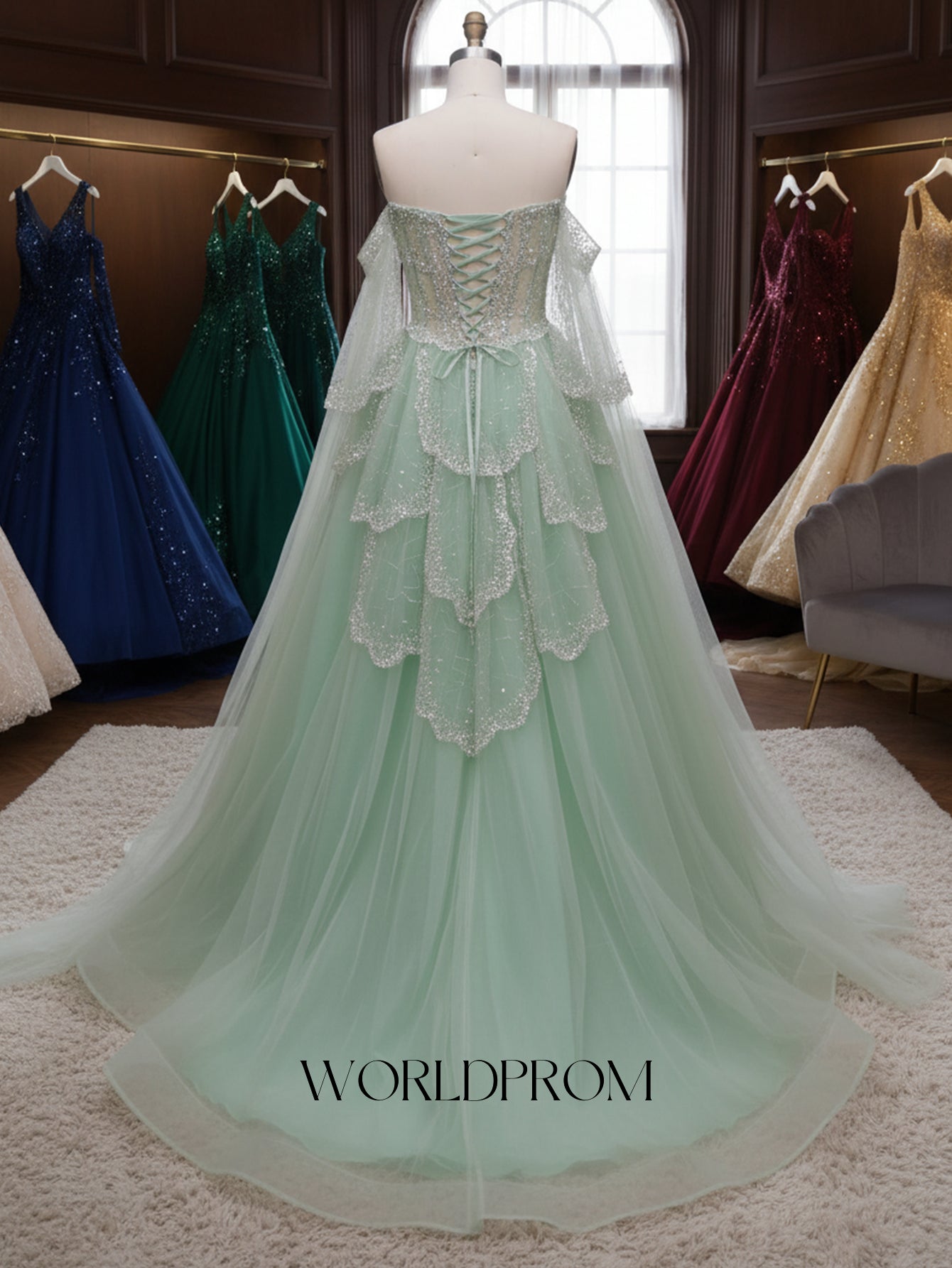 Sparkly Beading Off Shoulder Corset Ball Gown Long Prom Dress With Shawl - Mint Green