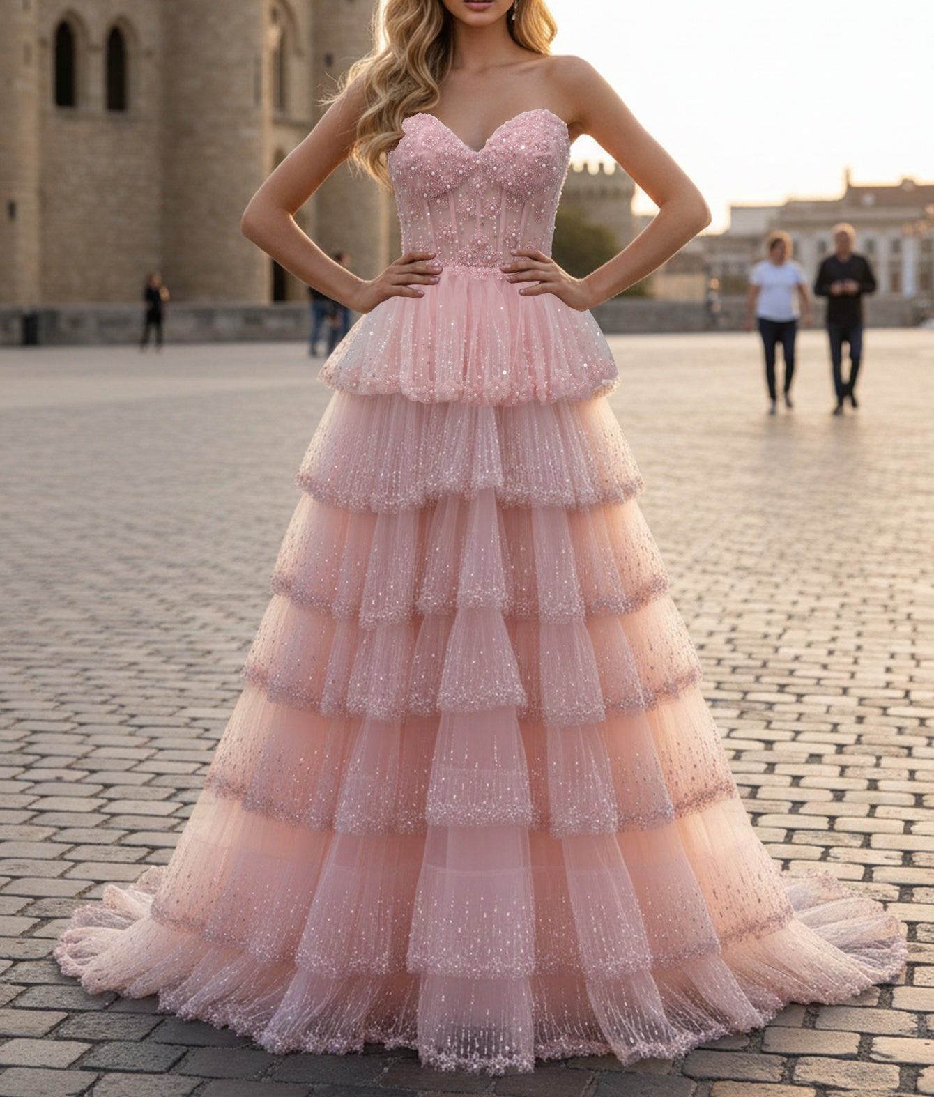 Sweetheart Sparkly Beading Illusion Layered Ruffle Hem Long Prom Dress - Light Pink