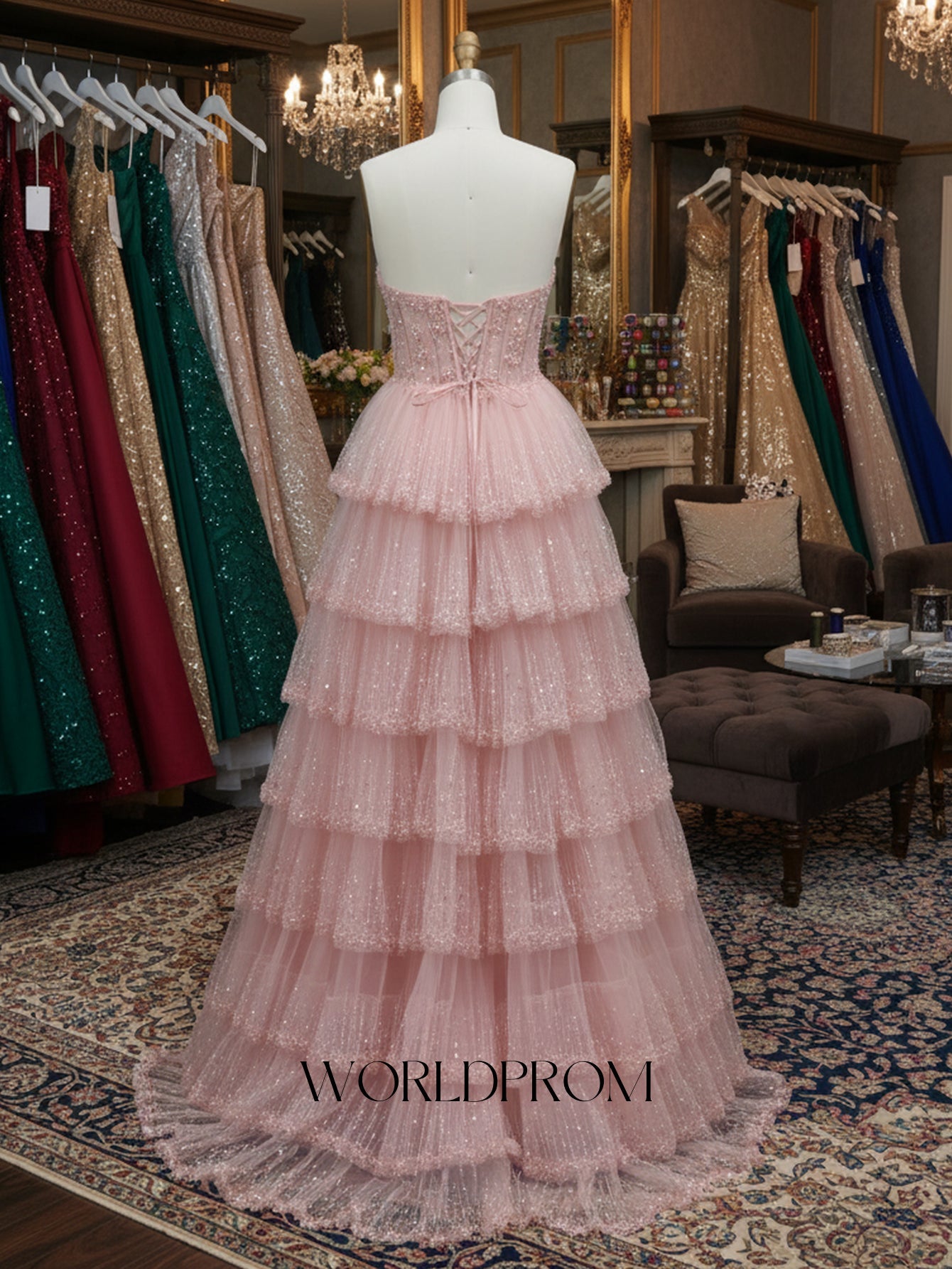 Sweetheart Sparkly Beading Illusion Layered Ruffle Hem Long Prom Dress - Light Pink
